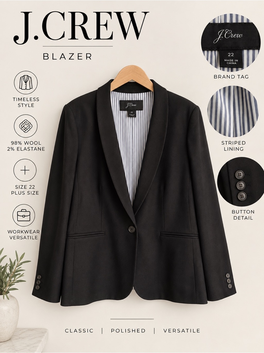 J. Crew Black Wool Blazer Size 22 Plus One Button Striped Lining Career